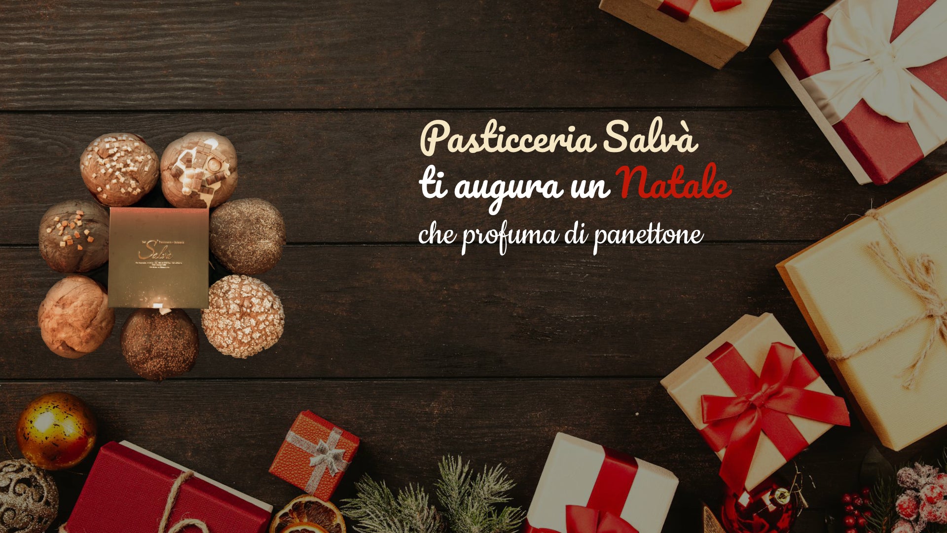 Banner Pasticceria Salvà con assortimento di panettoni artigianali e confezioni regalo di Natale