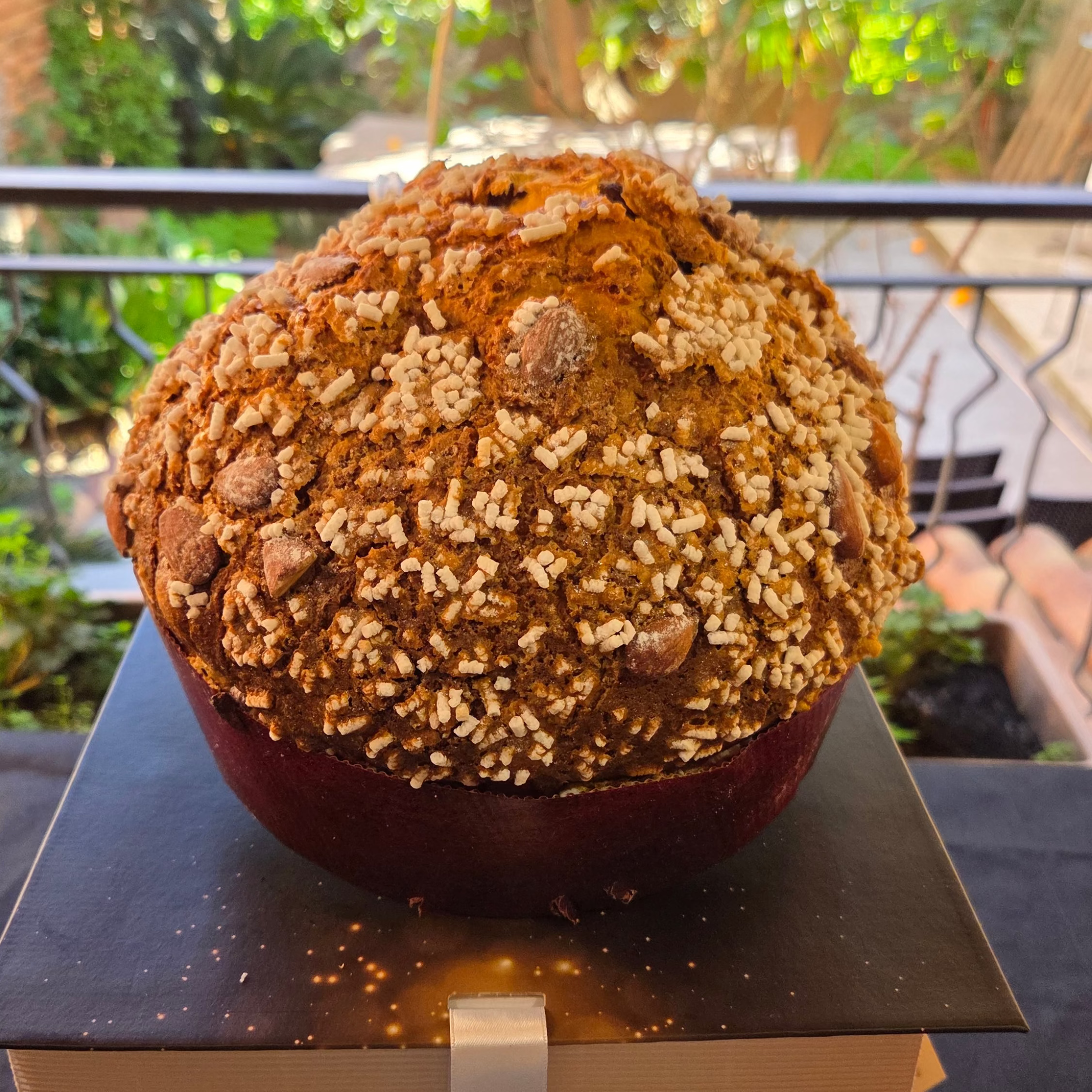 Panettone mandorlato Pasticceria Salvà pronto sulla sua confezione regalo