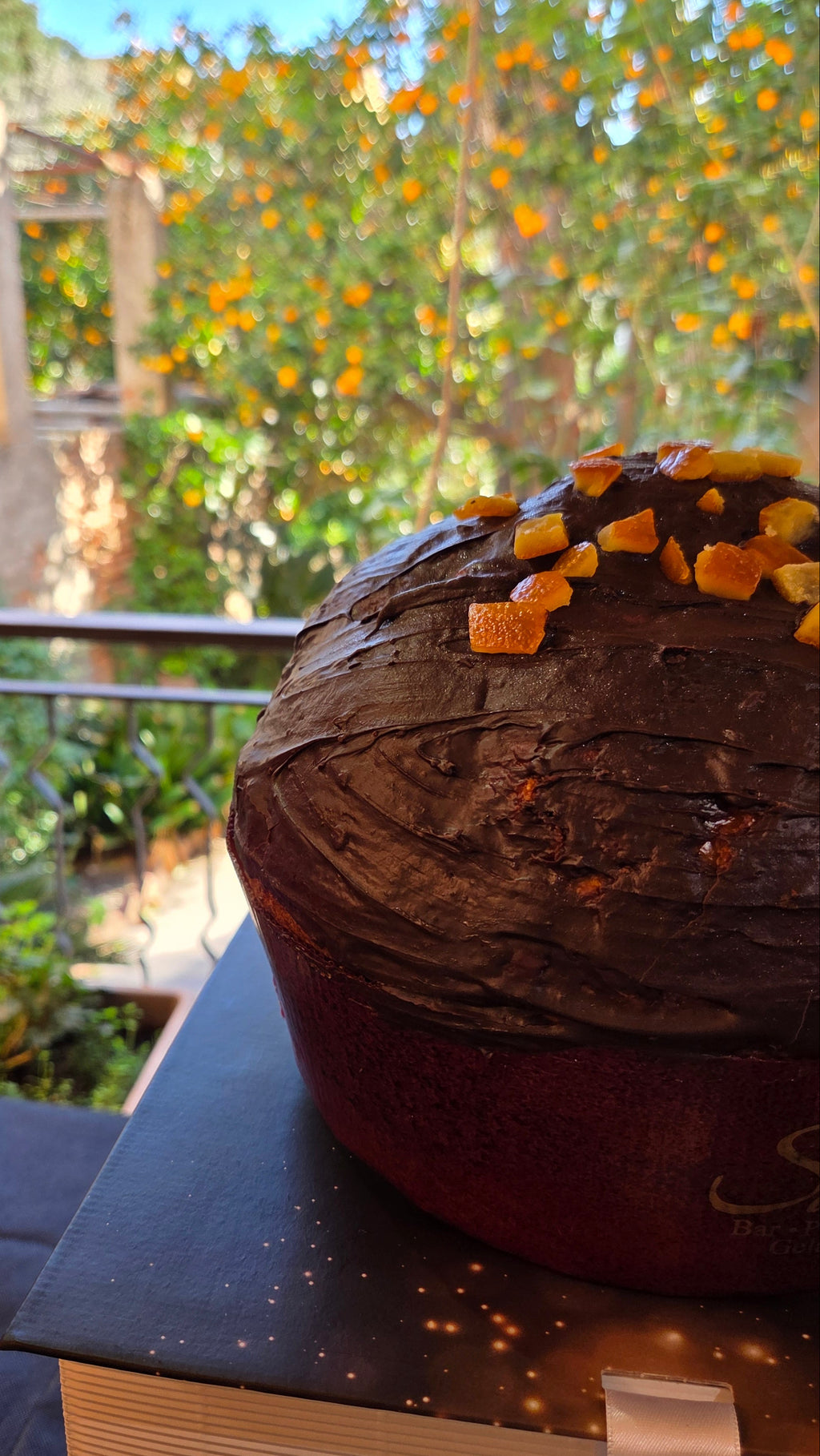 Dettaglio della glassatura al cioccolato e cubetti d'arancia del panettone artigianale